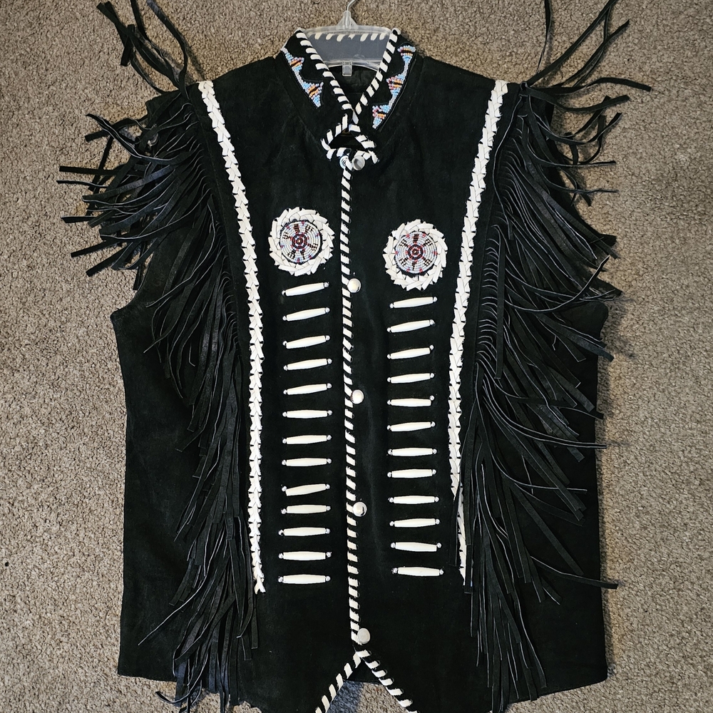Black Suede Western Fringe Vest with Beaded Medallions
